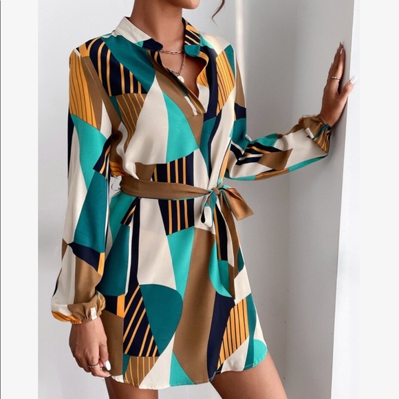 Elegant Classy Abstract Geo Print Notched Neck Belt Dress - Picture 4 of 5